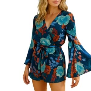 Floral Bell Sleeve Romper Tropical Blue Red Belted As U Wish XS